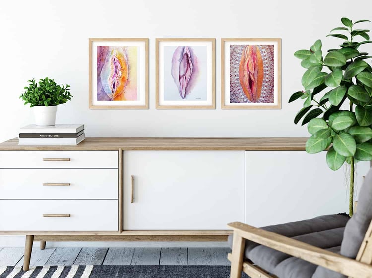 Yoni art trio on wall