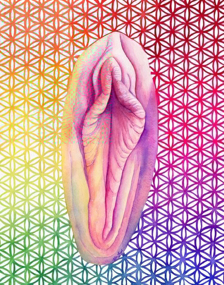 Rainbow coloured vulva painting with flower of life sacred geometry background